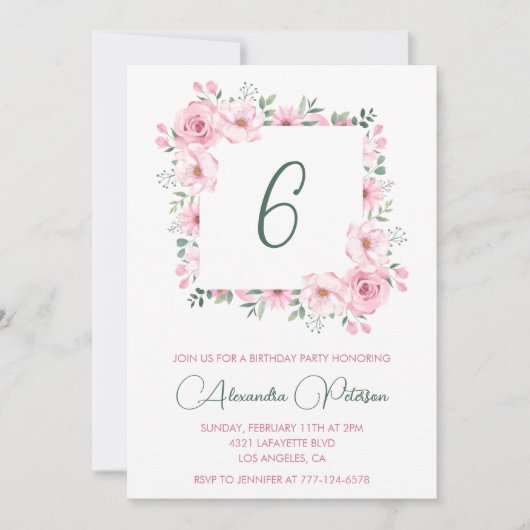 Elegante 6e verjaardagsuitnodigingen Bloemig Roze Kaart (Voorkant)