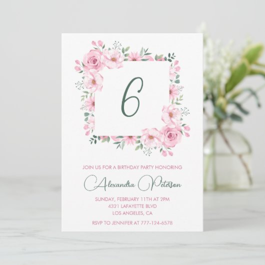 Elegante 6e verjaardagsuitnodigingen Bloemig Roze Kaart (Staand voorkant)