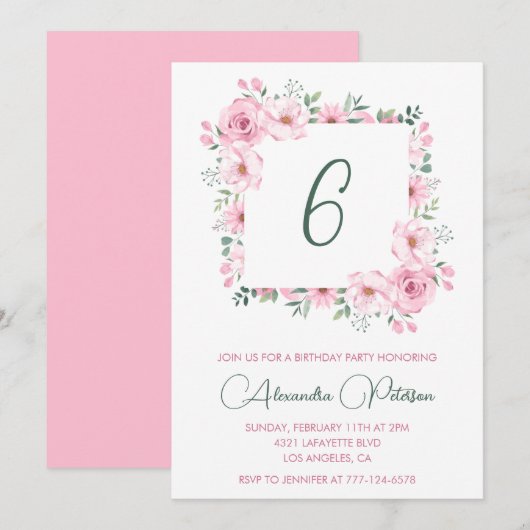 Elegante 6e verjaardagsuitnodigingen Bloemig Roze Kaart (Voorkant / Achterkant)
