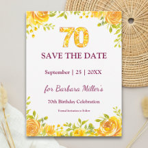 Elegante 70e verjaardag Gele rozen Save the Date