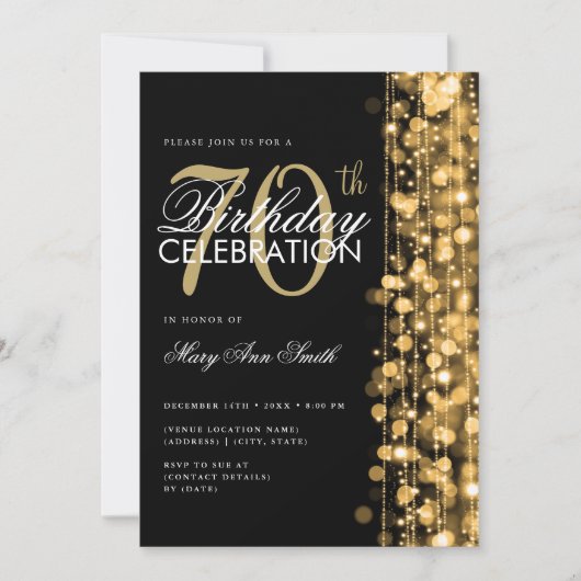 Elegante 70e verjaardag Glam Sparkles Gold & Black Kaart (Voorkant)