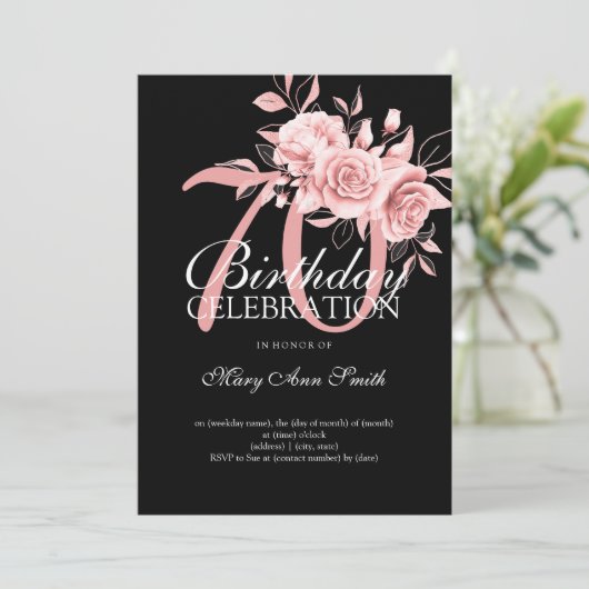 Elegante 70e Verjaardag Party Roos Gouden Bloemen Kaart (Staand voorkant)