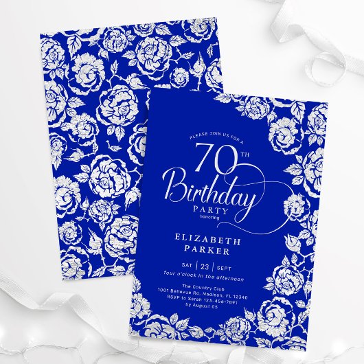 Elegante 70e verjaardag Royal Blue Silver Rozen Kaart