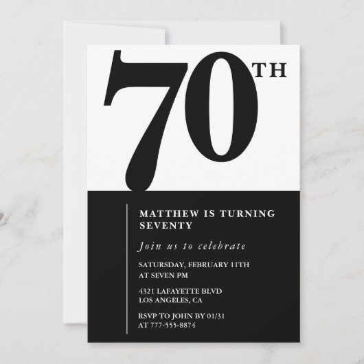 Elegante 70e verjaardag uitnodiging Black Chic Mod (Voorkant)