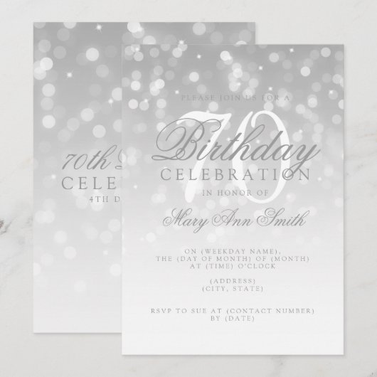 Elegante 70e verjaardag Zilveren Bokeh Sparkle Lig Kaart (Voorkant / Achterkant)