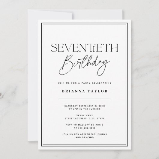 Elegante 70e verjaardag zwart & wit kaart (Voorkant)