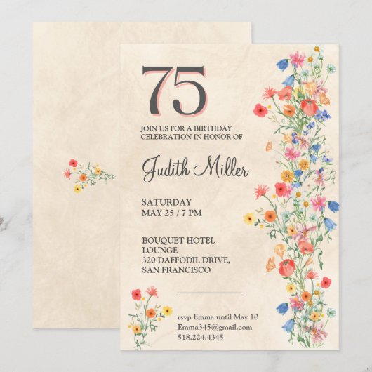 Elegante 75e verjaardag - Floral Party Design Kaart (Voorkant / Achterkant)