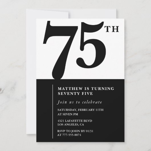 Elegante 75e verjaardag uitnodiging Black Chic Mod (Voorkant)