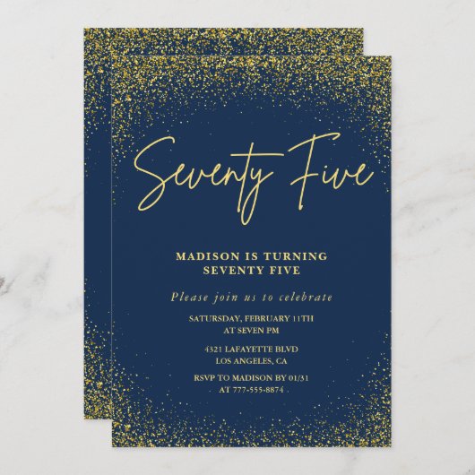 Elegante 75e verjaardag uitnodiging Gold Navy Glam (Voorkant / Achterkant)