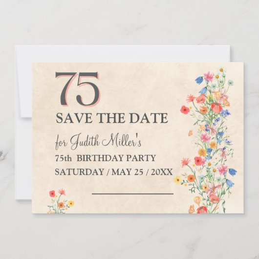 Elegante 75e verjaardag - Wildflower Design Save The Date (Voorkant)