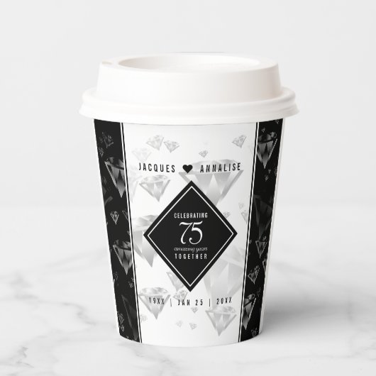 Elegante 75th Diamond Bruiloft Jubileum Papier Cup Papieren Bekers (Achterkant)