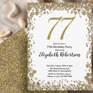 Elegante 77ste verjaardagsuitnodiging met gouden p kaart
