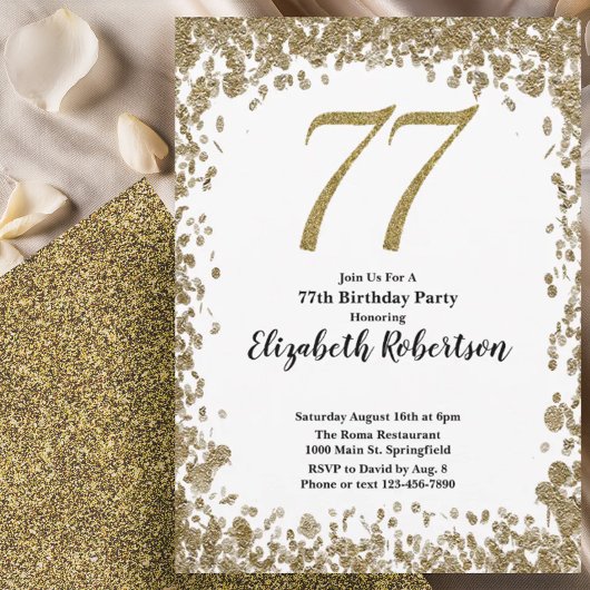 Elegante 77ste verjaardagsuitnodiging met gouden p kaart