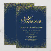 Elegante 7e verjaardag uitnodiging Gold Navy Glam (Voorkant / Achterkant)