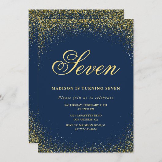 Elegante 7e verjaardag uitnodiging Gold Navy Glam (Voorkant / Achterkant)