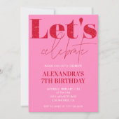 Elegante 7e verjaardag uitnodiging Pink Glitter Gl (Voorkant)