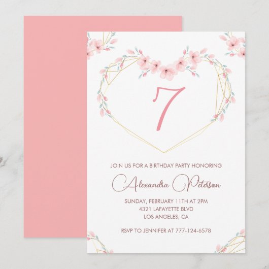 Elegante 7e verjaardag uitnodigingen Pink Floral (Voorkant / Achterkant)