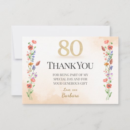 Elegante 80e verjaardag - 80 jaar wilde bloemen bedankkaart (Voorkant)