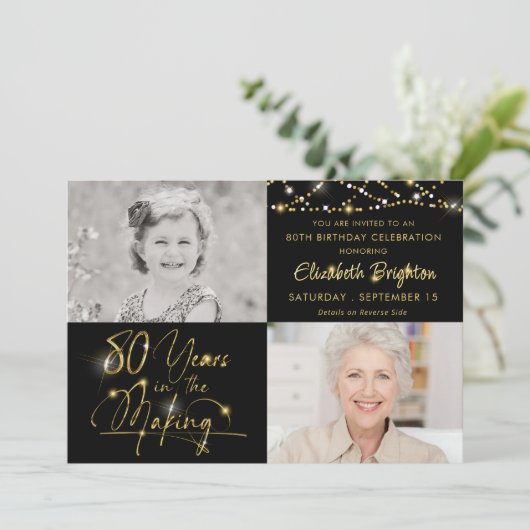 Elegante 80e verjaardag Gold Lights Script 2 Foto' Kaart (Staand voorkant)
