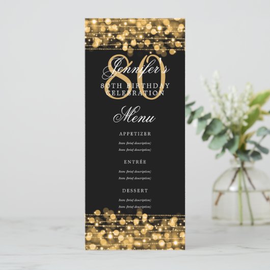 Elegante 80e verjaardag menu Gold Lights Kaart (Staand voorkant)
