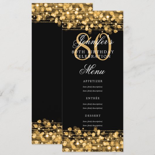Elegante 80e verjaardag menu Gold Lights Kaart (Voorkant / Achterkant)