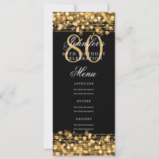 Elegante 80e verjaardag menu Gold Lights Kaart (Voorkant)