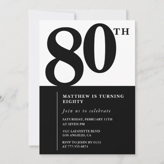 Elegante 80e verjaardag uitnodiging Black Chic Mod (Voorkant)