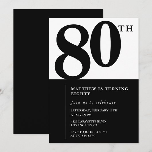 Elegante 80e verjaardag uitnodiging Black Chic Mod (Voorkant / Achterkant)
