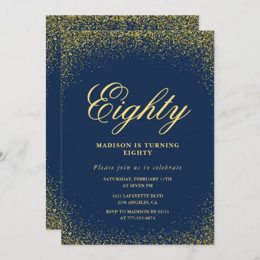 Elegante 80e verjaardag uitnodiging Gold Navy Glam (Voorkant / Achterkant)