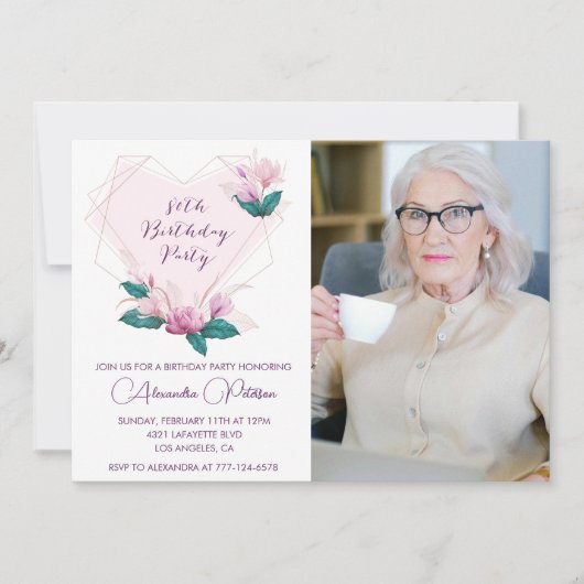 Elegante 80e verjaardag uitnodigingen Floral Foto (Voorkant)