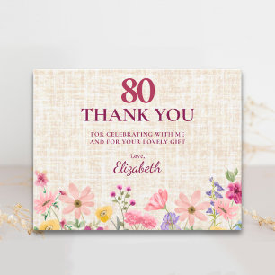 Elegante 80e verjaardag voor haar - Linnen bloem Bedankkaart