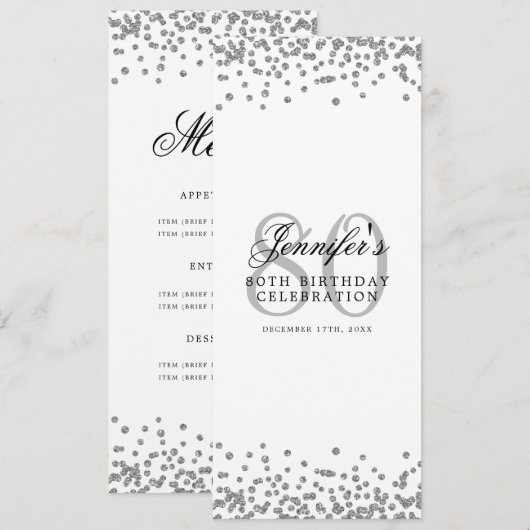 Elegante 80ste verjaardag menu Zilveren Confetti Kaart (Voorkant / Achterkant)