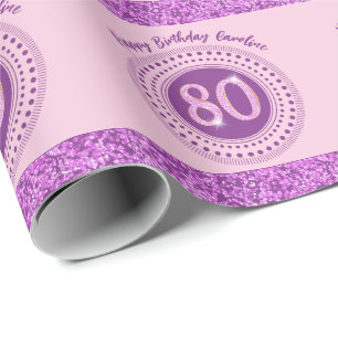 Elegante 80ste verjaardag Roze glitter met strepen Cadeaupapier