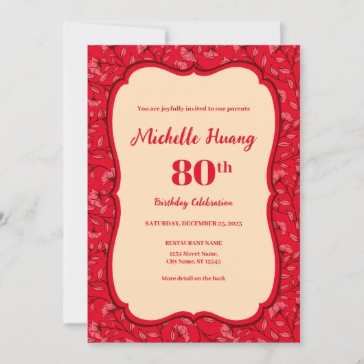 Elegante 80ste Verjaardag Uitnodiging (RED) (Voorkant)