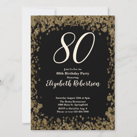 Elegante 80ste verjaardagsuitnodiging met gouden p kaart (Voorkant)