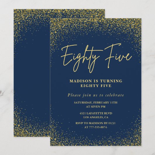 Elegante 85e verjaardag uitnodiging Gold Navy Glit (Voorkant / Achterkant)