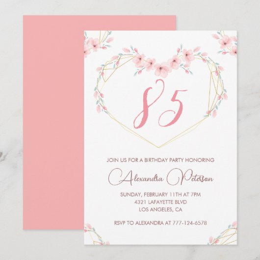 Elegante 85ste verjaardag uitnodigingen Pink Flora (Voorkant / Achterkant)