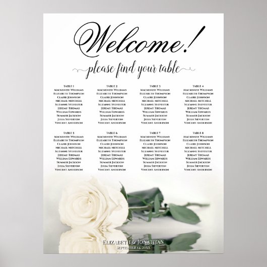 Elegante 8 Tafel Witte Roos Trouwstoelindeling Poster (Voorkant)