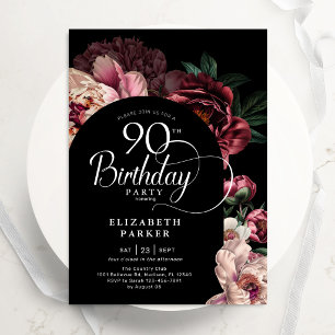 Elegante 90e verjaardag bordeauxroze pioenrozen kaart