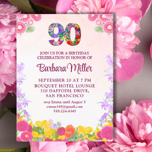 Elegante 90e verjaardag - Floral 90 uitnodiging