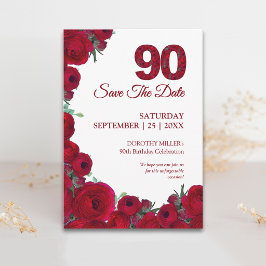 Elegante 90e verjaardag Krachtige 90 Rode bloemen Save The Date