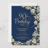 Elegante 90e verjaardag Navy gouden Rozen Kaart (Voorkant)