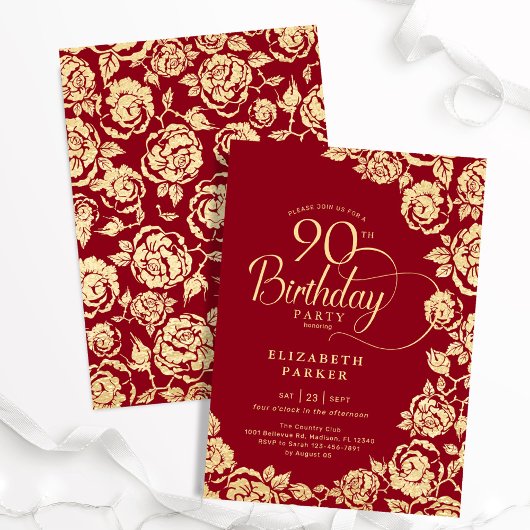 Elegante 90e verjaardag rood gouden Rozen Kaart