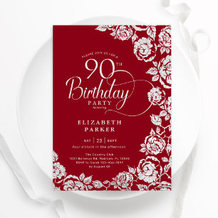 Elegante 90e verjaardag Rood Zilveren Rozen Kaart
