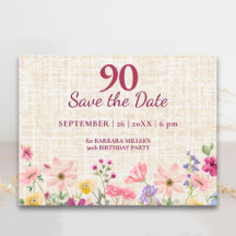 Elegante 90e verjaardag Save the Date linnen bloem