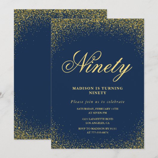 Elegante 90e verjaardag uitnodiging Gold Navy Glam (Voorkant / Achterkant)