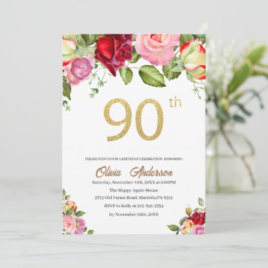 Elegante 90e verjaardagsviering waterverf glit kaart (Staand voorkant)