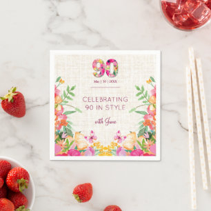 Elegante 90ste verjaardag bloemendecoratie van lin servet