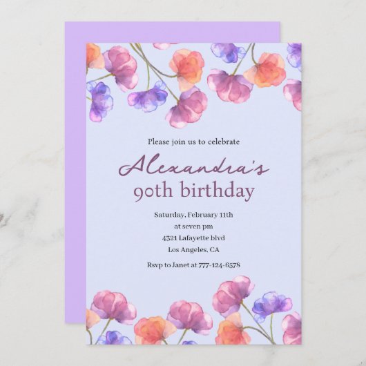 Elegante 90ste verjaardag uitnodigingen Boho Flora (Voorkant / Achterkant)