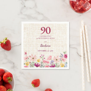 Elegante 90ste verjaardag voor haar - Linnen bloem Servet